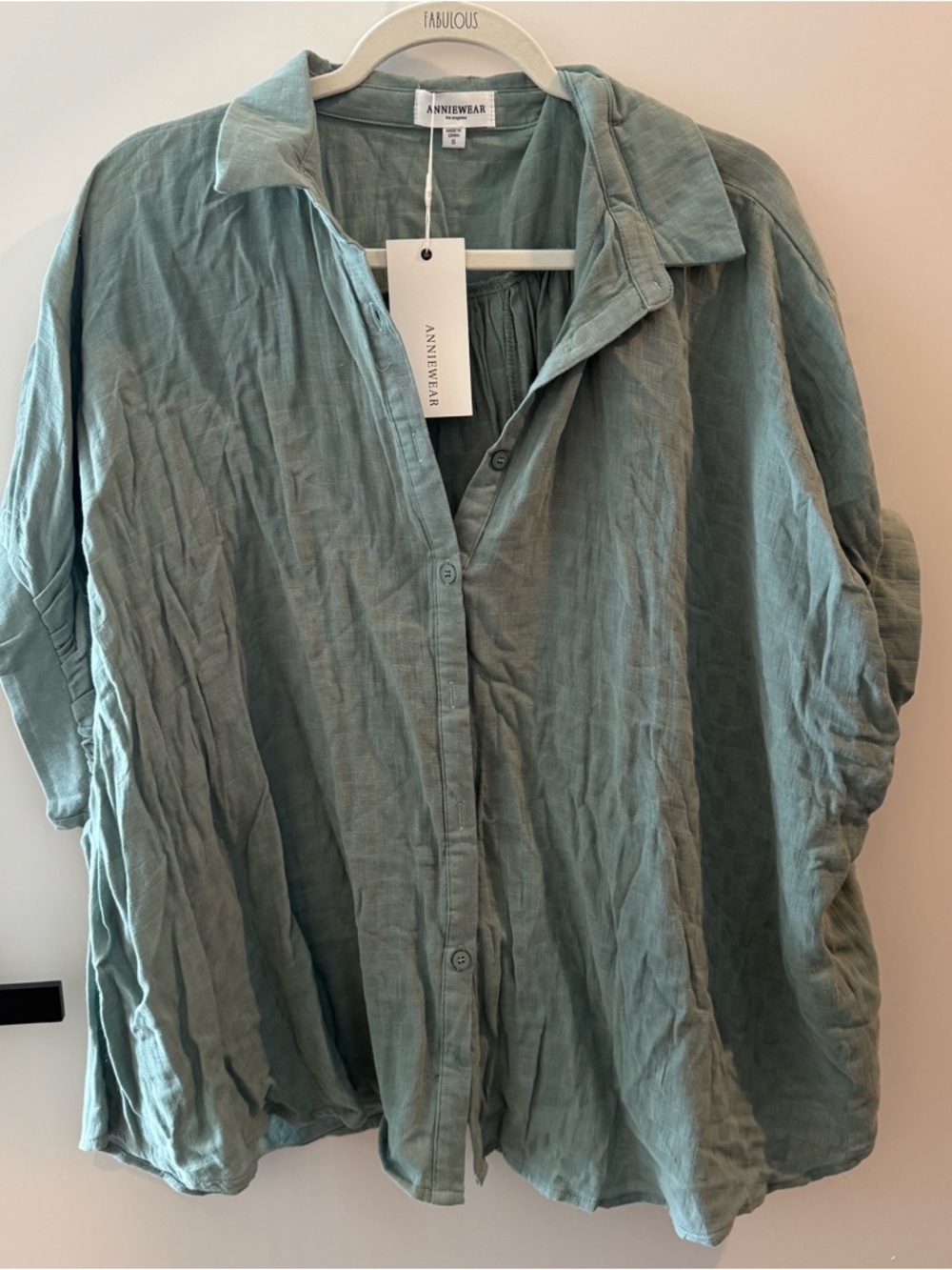 ANNIEWEAR Relaxed Button-Front Linen Blouse in Sage Green